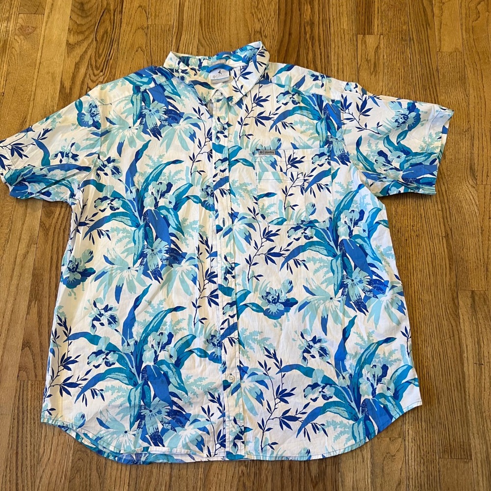 Columbia Mens XL Blue Floral Tropical Hibiscus Short Sleeve Button Down Shirt